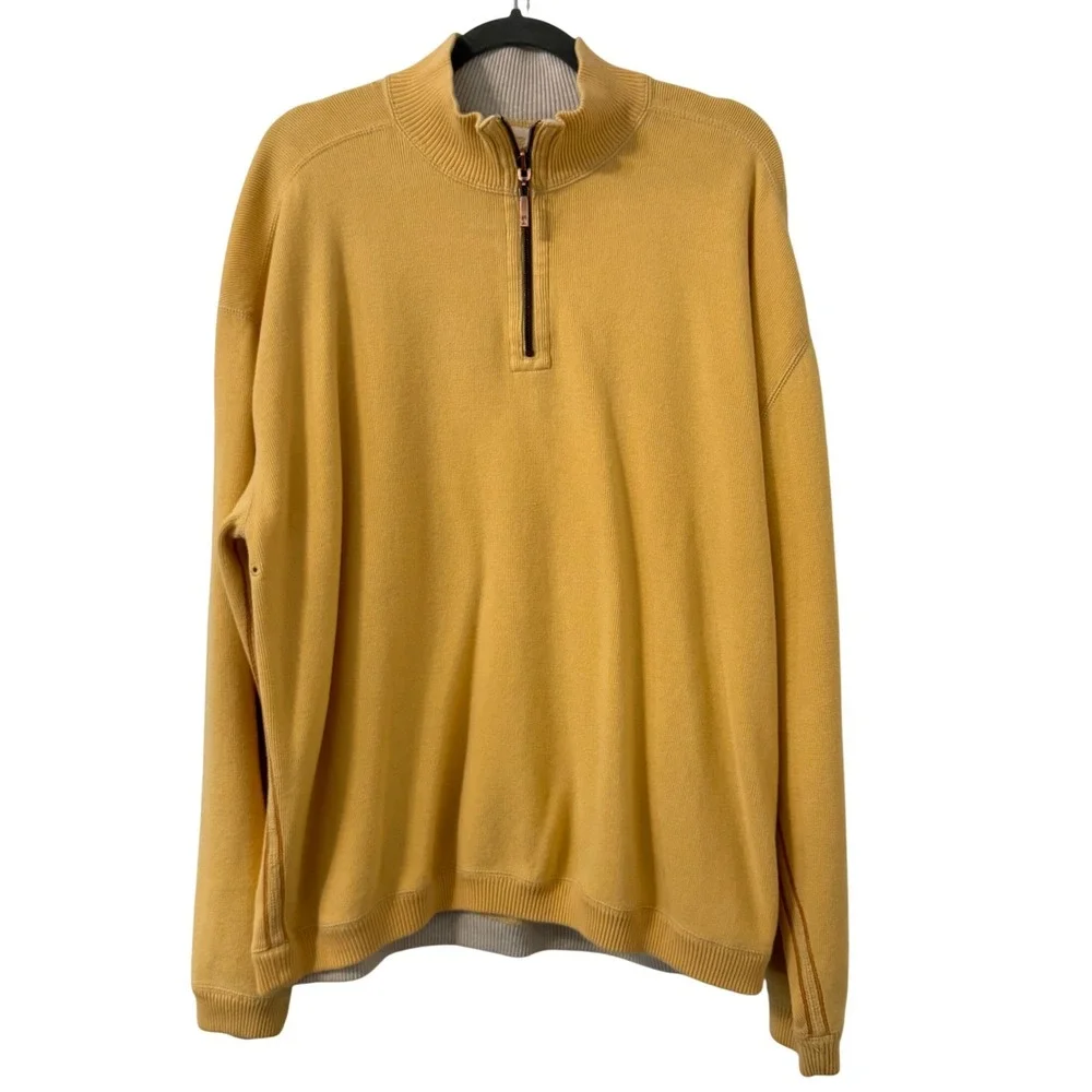 Tommy Bahama Reversible Quarter Zip Pullover Sweater‎ Yellow Tan Mens XL